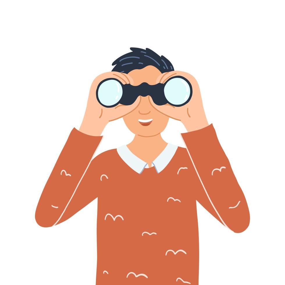 Man search vacancy with binoculars. Male character looking, finding new work opportunities, vacancies, employment, career. Concept of search for information, strategy, frequently asked questions vector
