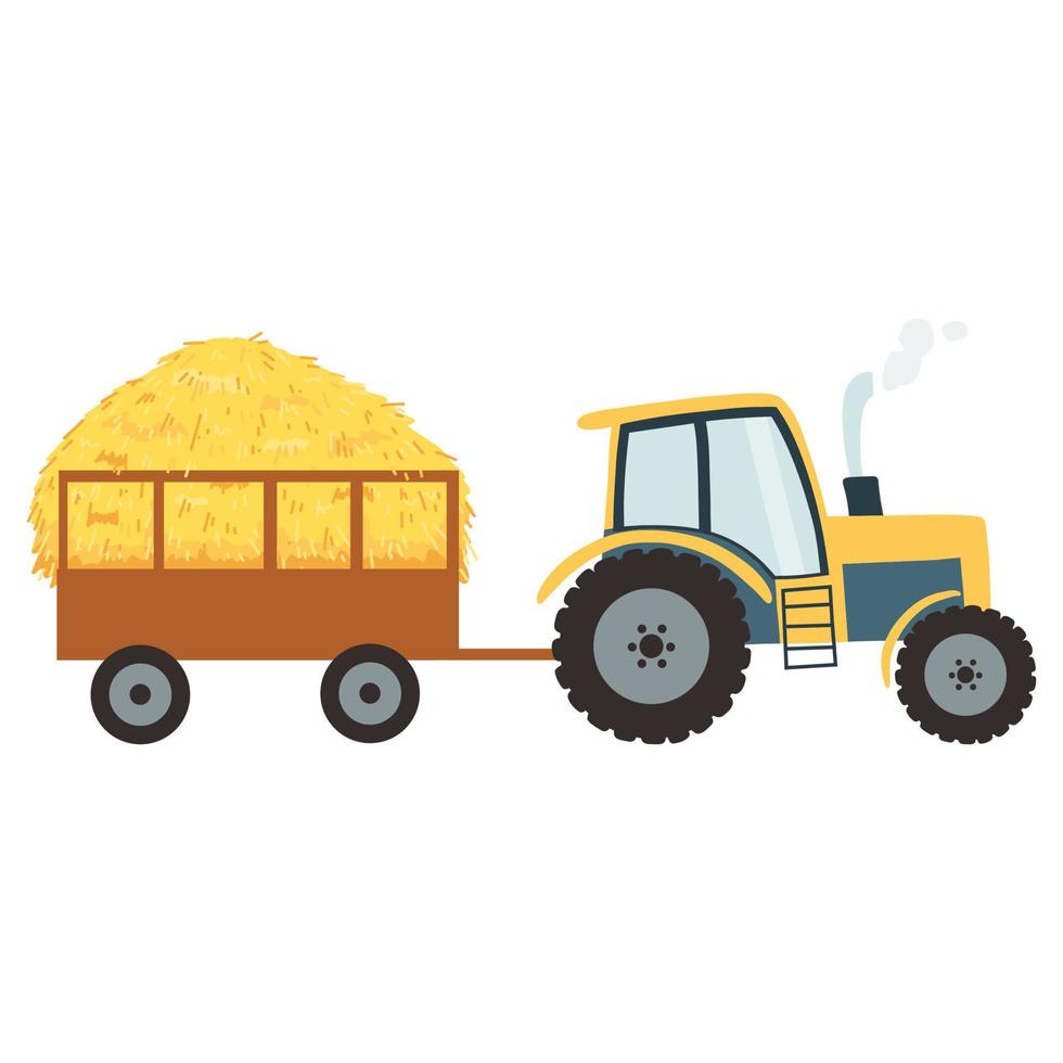 Tractor with agricultural haycock in the trailer in cartoon flat style, rural hay rolled stack, dried farm haystack. Vector illustration of fodder straw