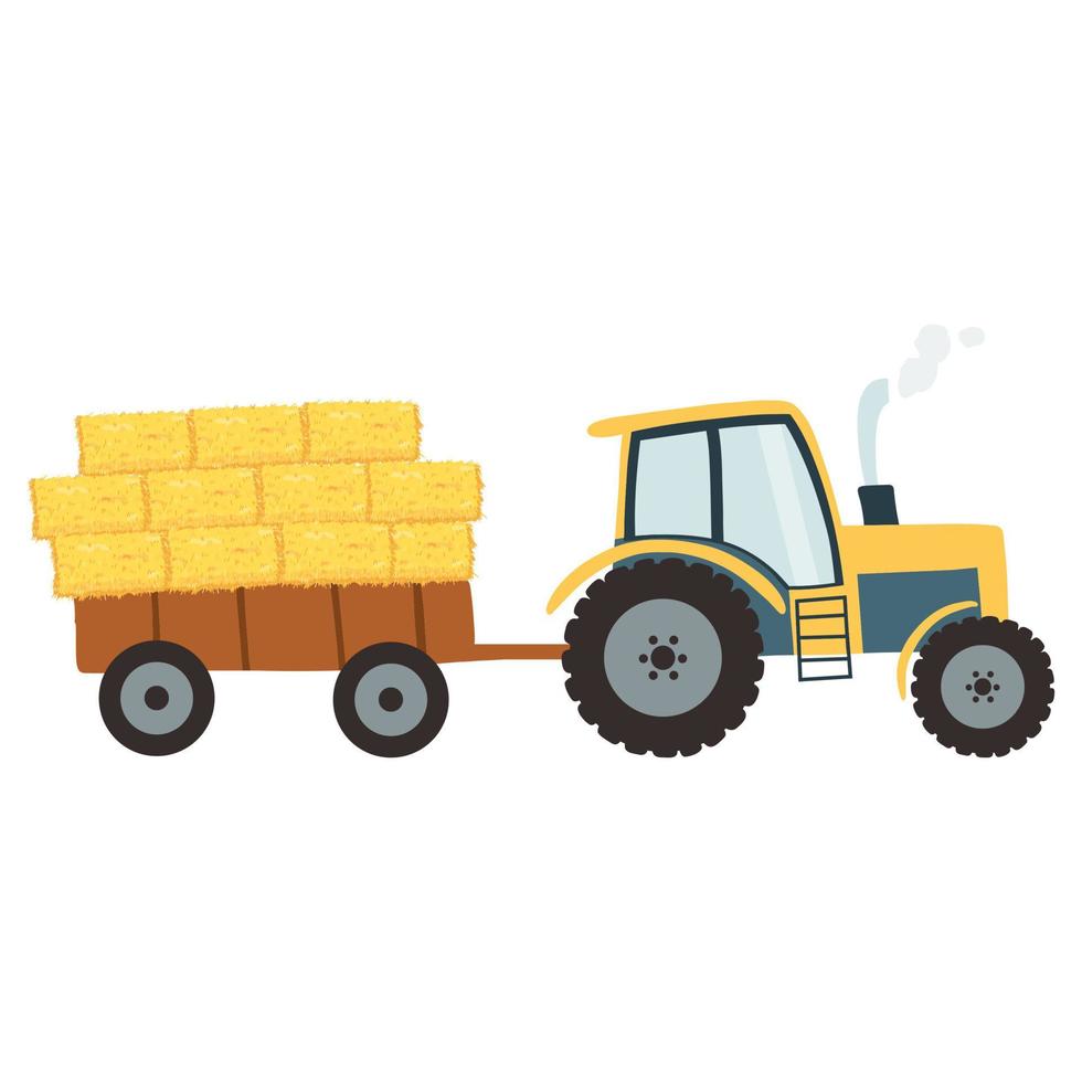 Tractor with agricultural haycock in the trailer in cartoon flat style, rural hay rolled stack, dried farm haystack. Vector illustration of fodder straw