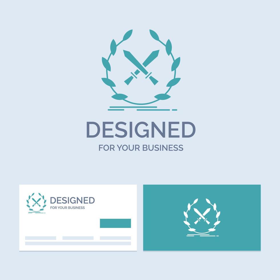 battle. emblem. game. label. swords Business Logo Glyph Icon Symbol for your business. Turquoise Business Cards with Brand logo template. vector