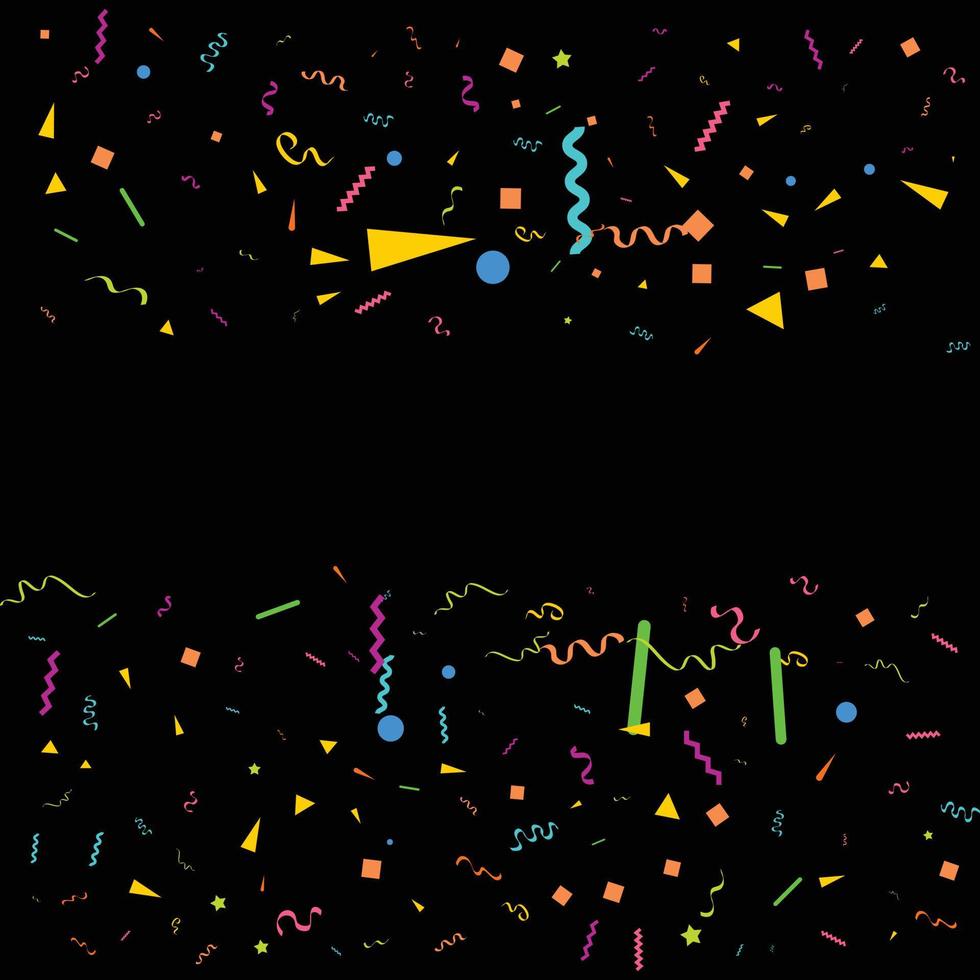 Colorful Confetti. Vector Festive Illustration of Falling Shiny Confetti Isolated on Black Black Background. Holiday Decorative Tinsel Element for Design