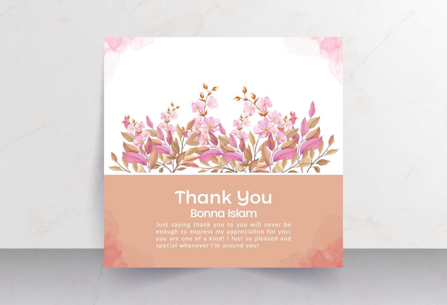 Deep pink flower bouquet with smokey watercolor effect and solid background thank you card vector