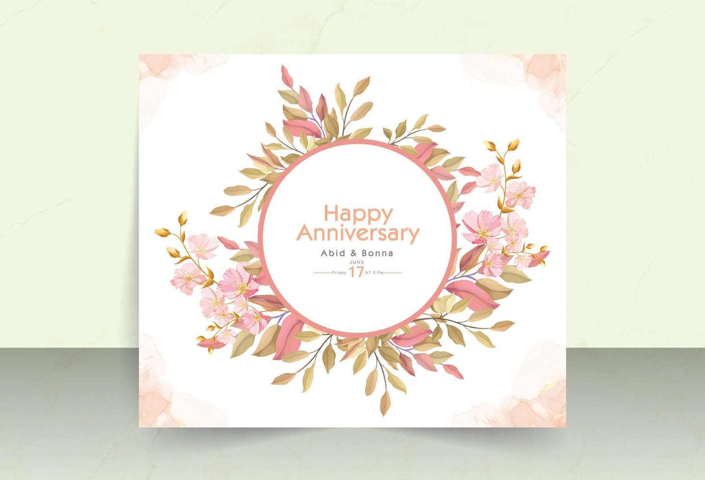 hojas de naranja rosa con flor de cosmos y tarjeta de aniversario de marco redondo vector