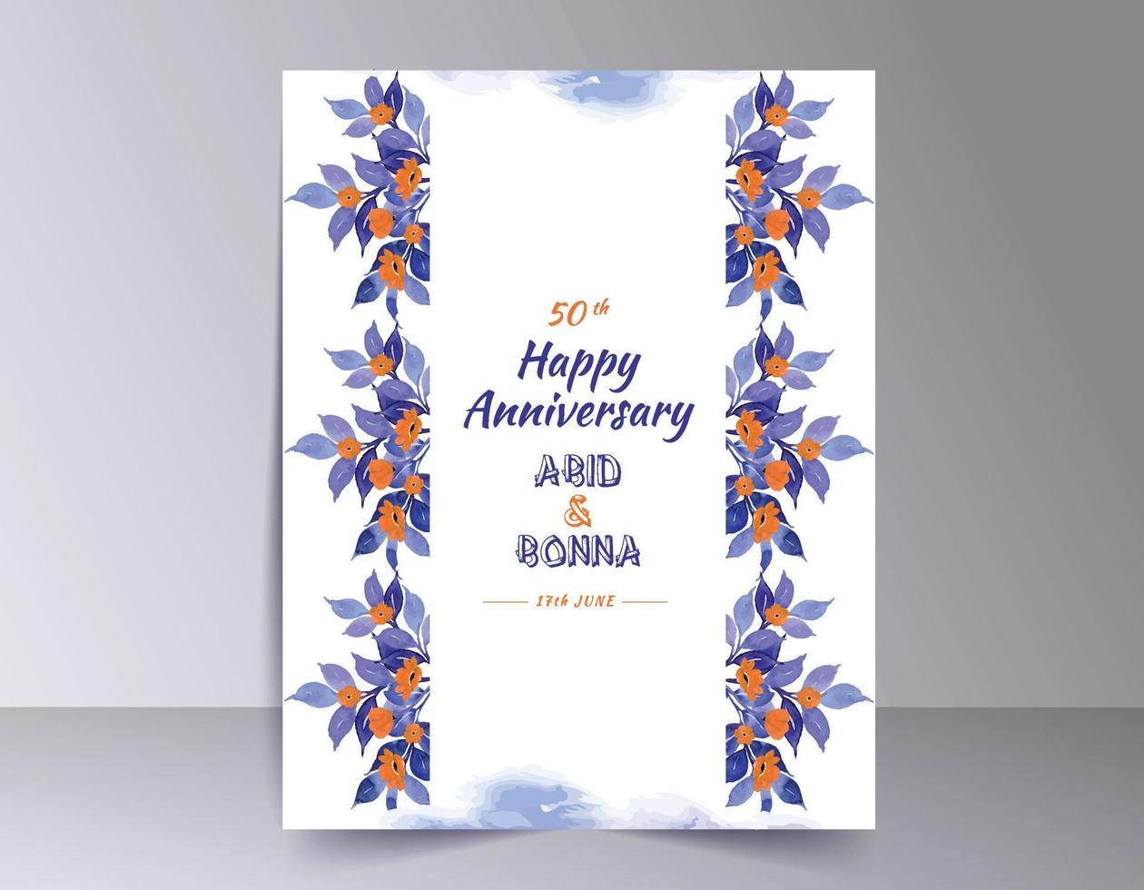 Violet leavs with orange wild flowers horizontal anniversary gift card vector