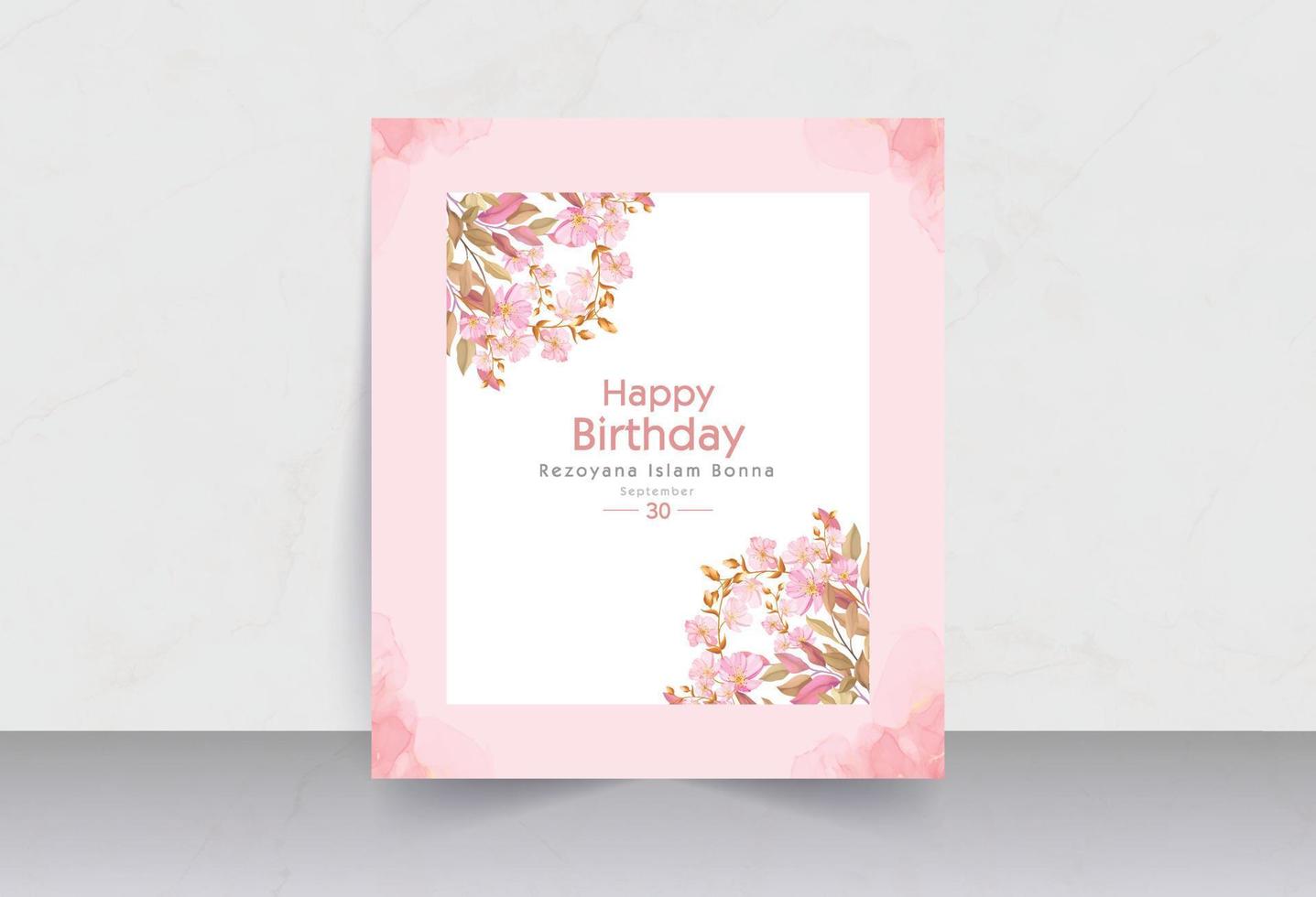 Pink background photoframe style birthday card with pink flowers vector