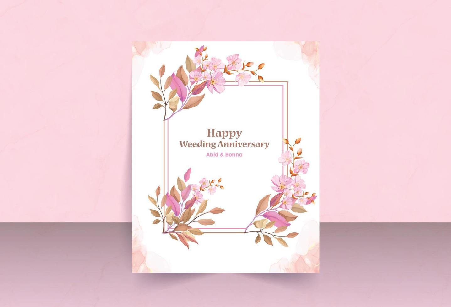 Square frame with pink cosmos flowers and leaves wedding anniversary card vector