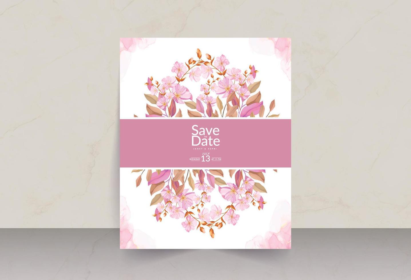 Pink flower bouquet with smokey watercolor background save the date card vector