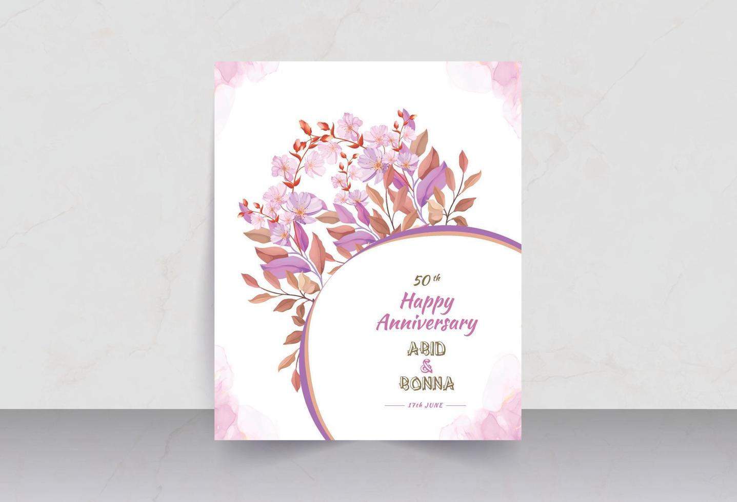 Pink cosmos and deep green leaves anniversary card with corner round frame vector