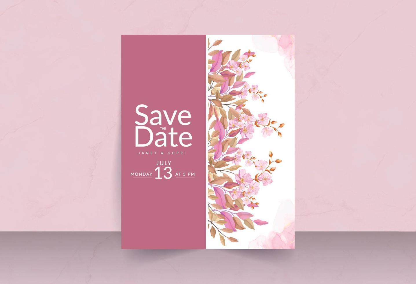 Deep pink flower bouquet with smokey watercolor effect and solid background save the date card vector