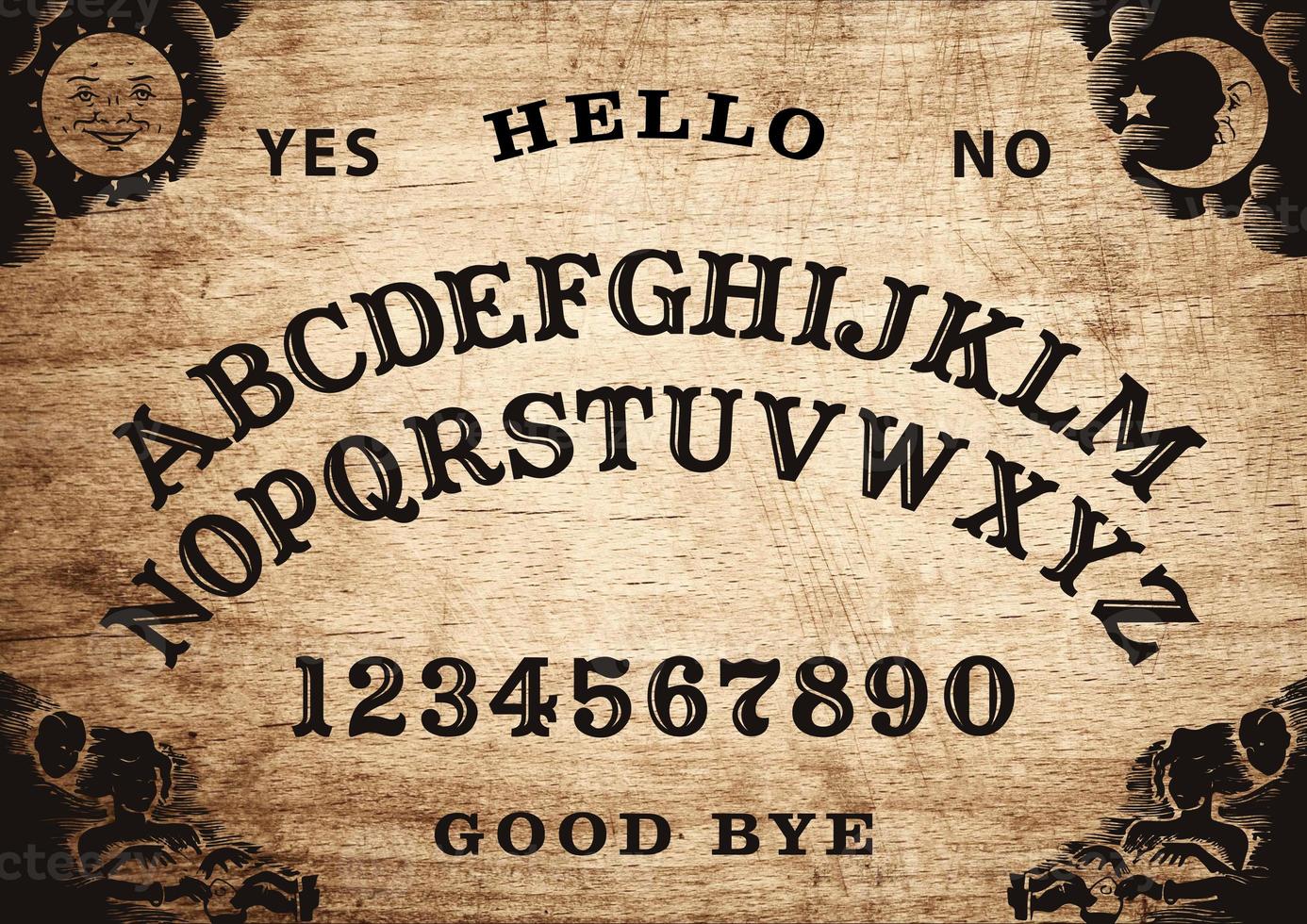 Planchette of Ouija Board on wooden texture. Poster with game of ghosts. Halloween play with calling souls and demons. Party poster. Graphic, typography, alphabet, letters, numbers. photo