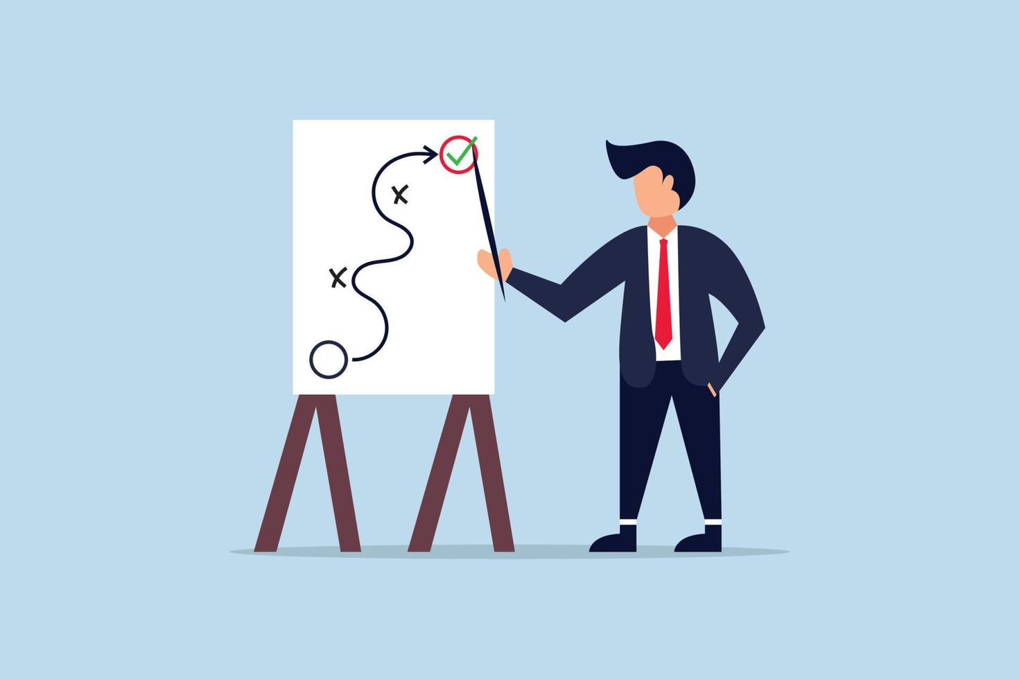 Business strategy planning, marketing tactic or winning strategy to achieve target, project blocker and solution to be success concept, smart businessman presenting business strategy on whiteboard. vector