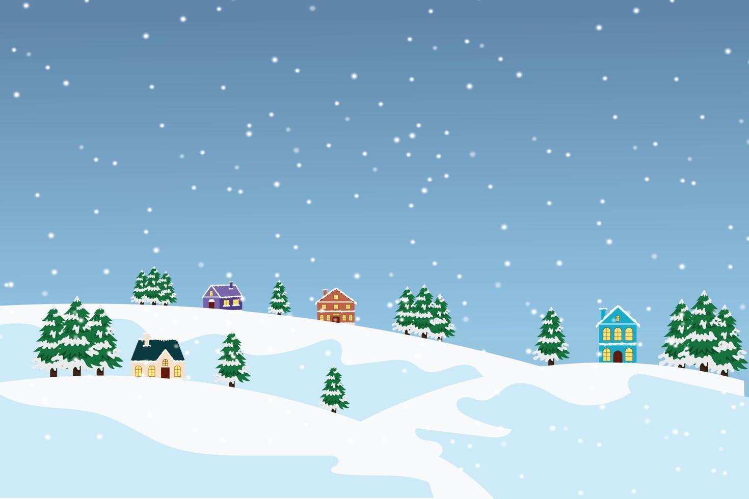 fondo de paisaje de invierno. día nevado con abetos, bosque de coníferas, casa, nevadas, paisaje forestal para vacaciones de invierno y año nuevo. paisaje de invierno de vacaciones. fondo de vector de navidad.