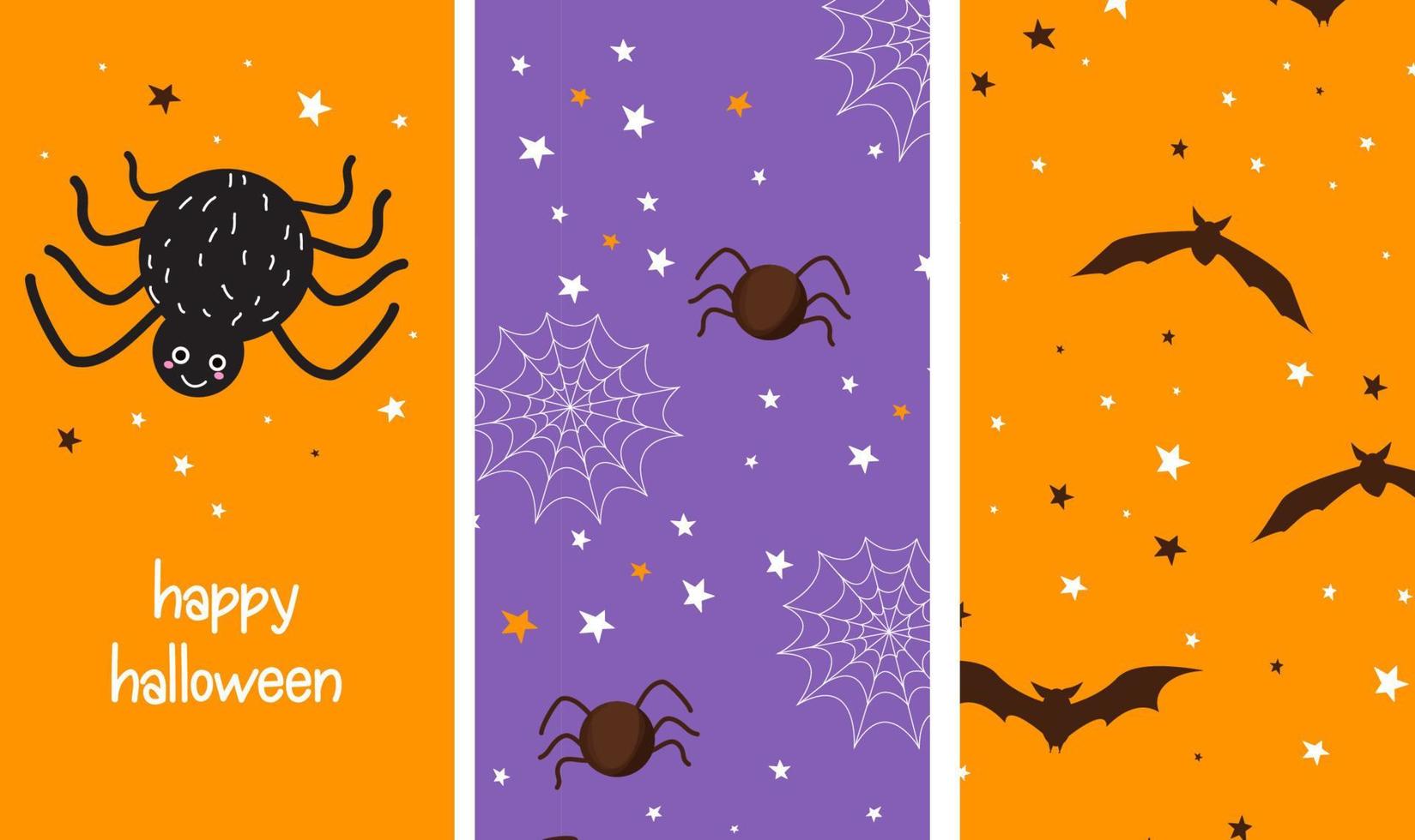 Set Halloween cute card with spider and seamless patterns with bat, spider in simple cartoon style, holiday kids design. . Vector illustration