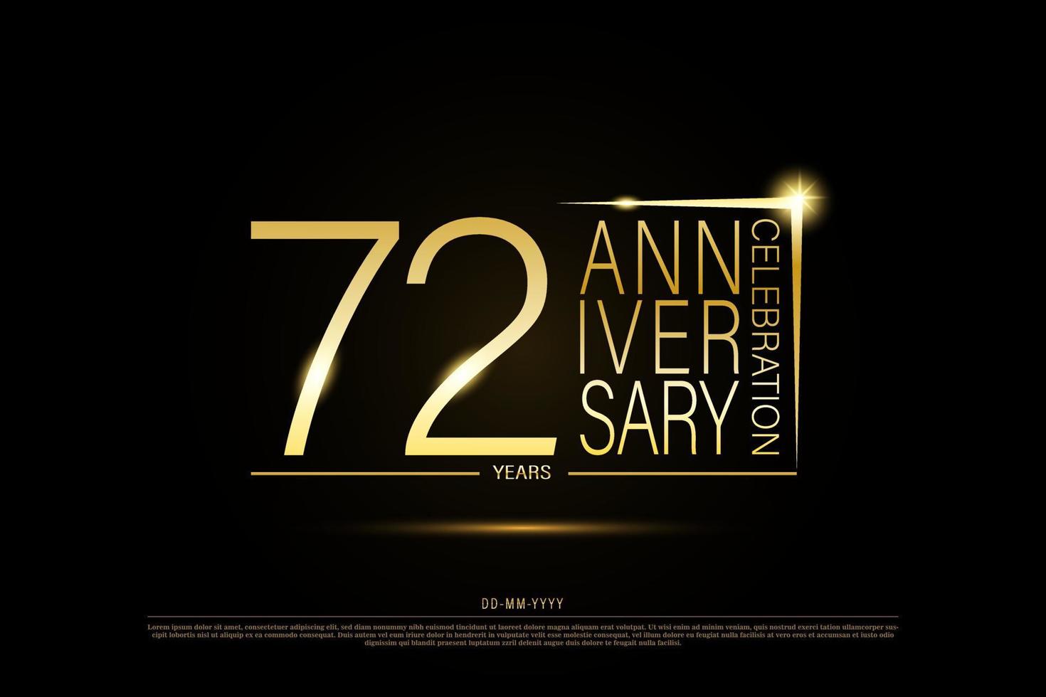 72 years golden anniversary gold logo on black background, vector design for celebration