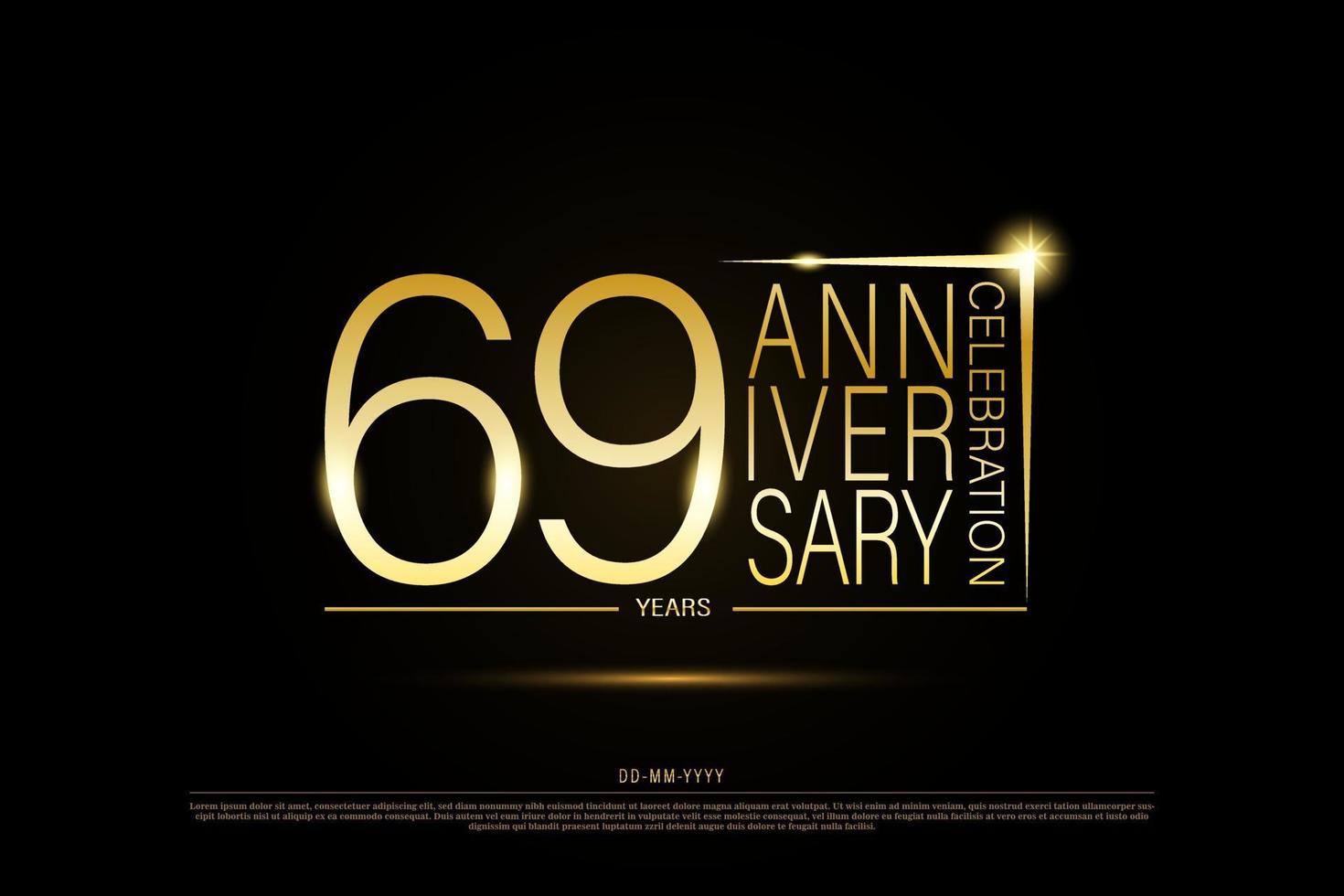 69 years golden anniversary gold logo on black background, vector design for celebration