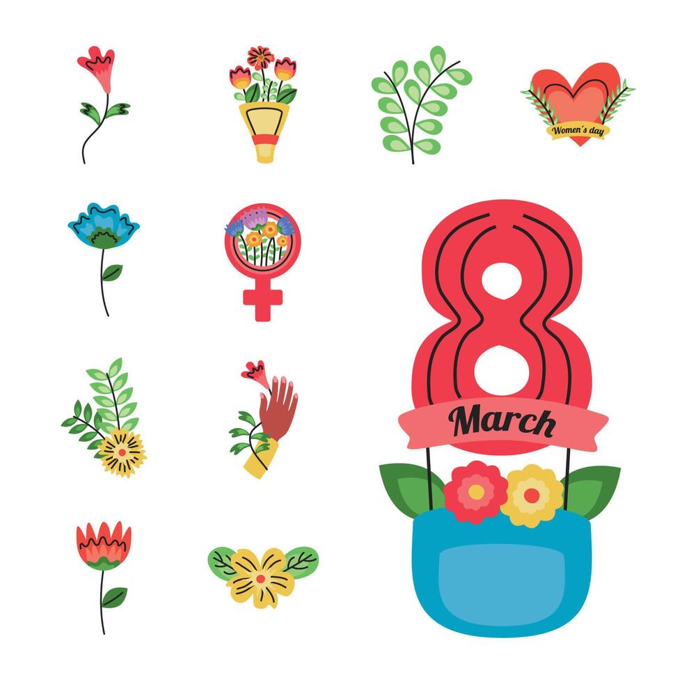 international womens day lettering card in ribbon with eight number and set icons vector