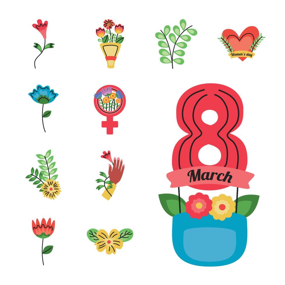 international womens day lettering card in ribbon with eight number and set icons vector