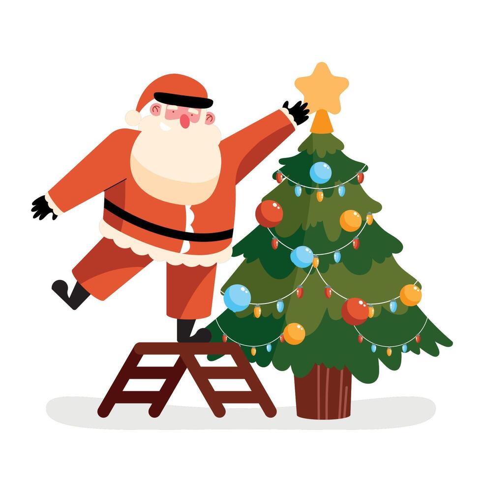 santa claus decorating tree vector