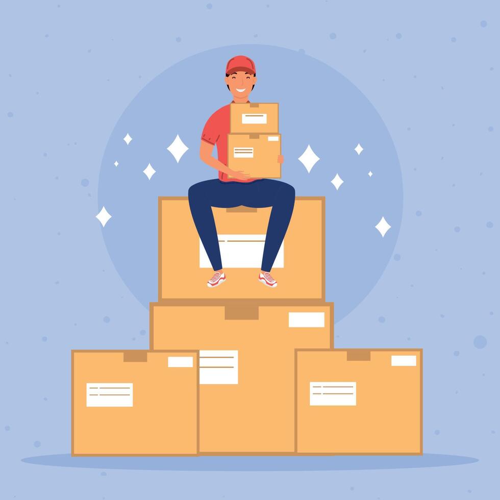 courier delivery worker in boxes vector