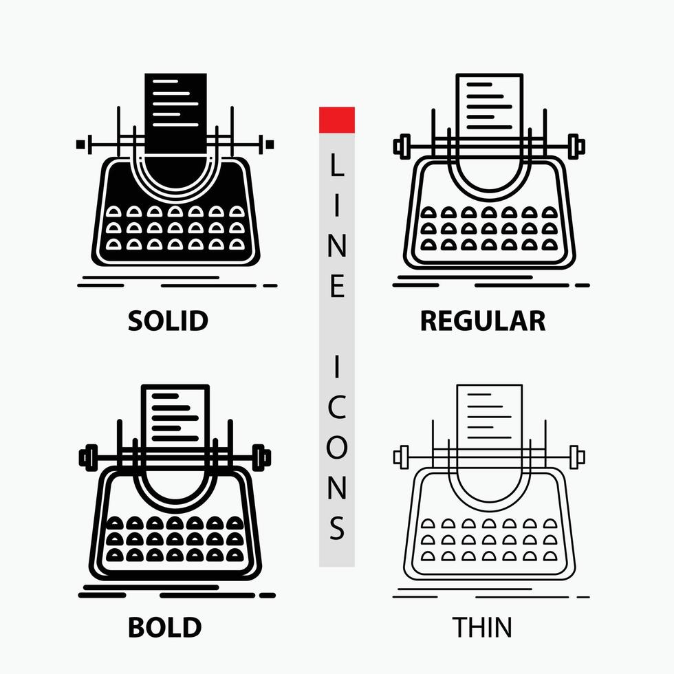 artículo. Blog. historia. máquina de escribir. icono de escritor en fino. regular. línea en negrita y estilo de glifo. ilustración vectorial vector