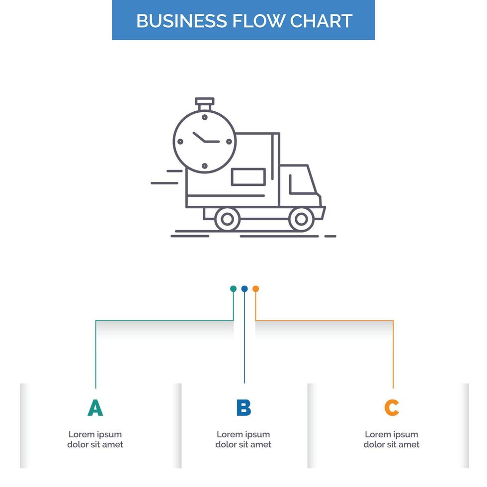 entrega. tiempo. Envío. transporte. diseño de diagrama de flujo de negocios de camiones con 3 pasos. icono de línea para el lugar de plantilla de fondo de presentación para texto vector