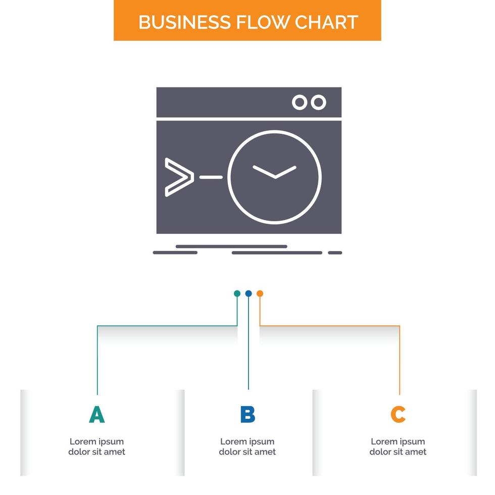 Admin. command. root. software. terminal Business Flow Chart Design with 3 Steps. Glyph Icon For Presentation Background Template Place for text. vector