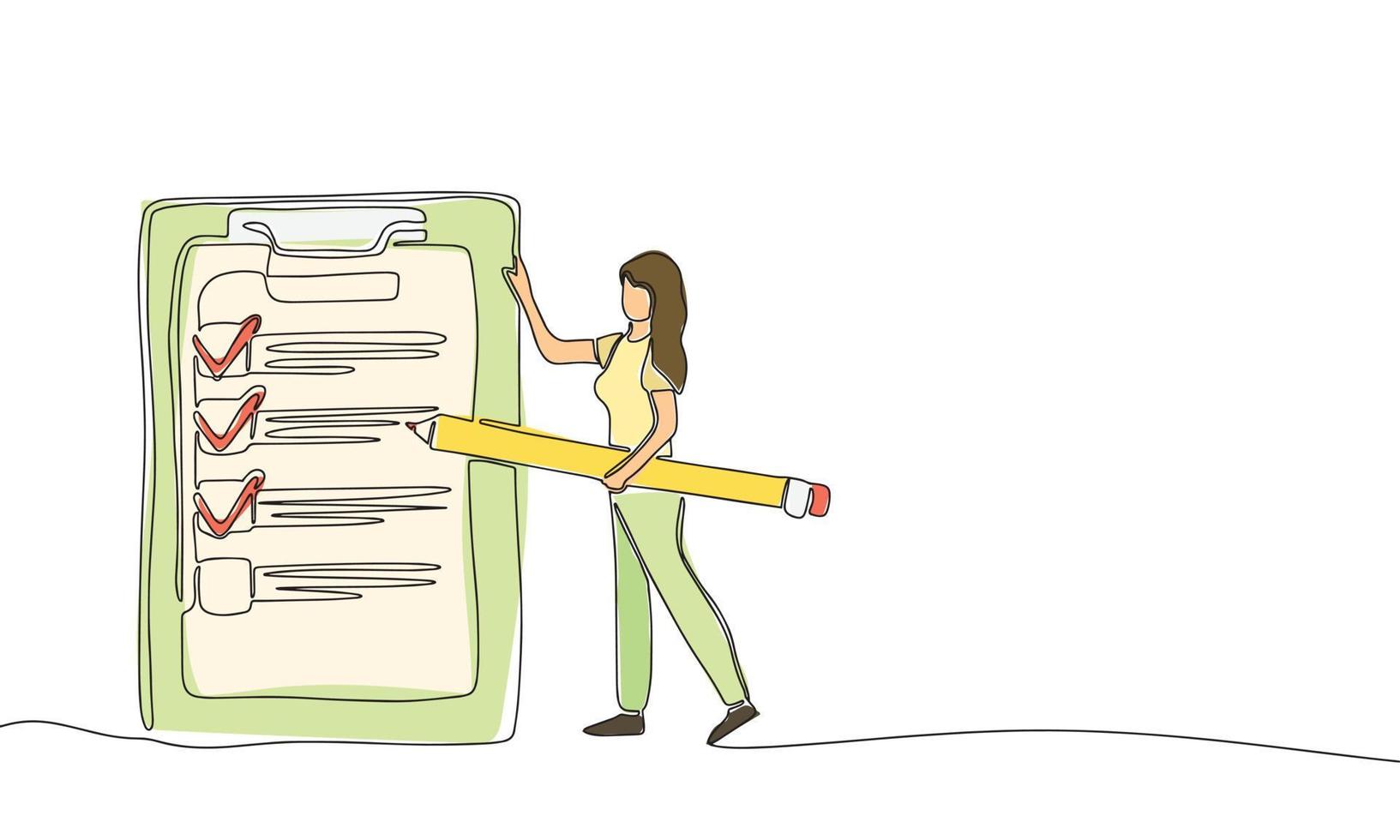 Girl with big pencil before big to do list. Hand draw line art outline with color. Vector illustration.