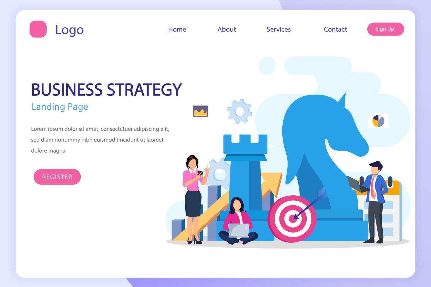 Business strategy concept, People are planning, team metaphor, Target achievement, Strategic and tactics chess pieces. Flat vector template