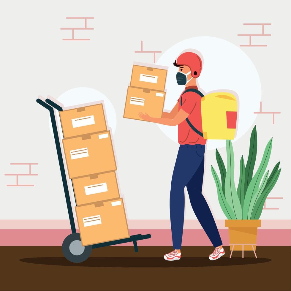 courier with boxes and cart vector