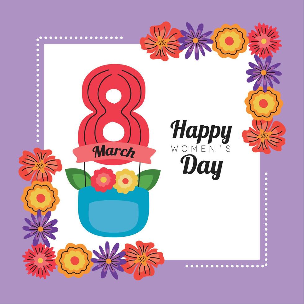 international womens day lettering card in ribbon with eight number and floral frame vector