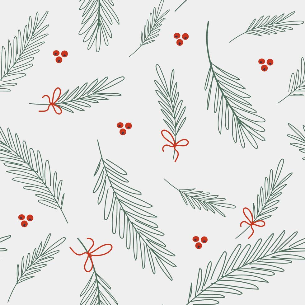Christmas vector seamless pattern with fir branches and red berries on a light background.