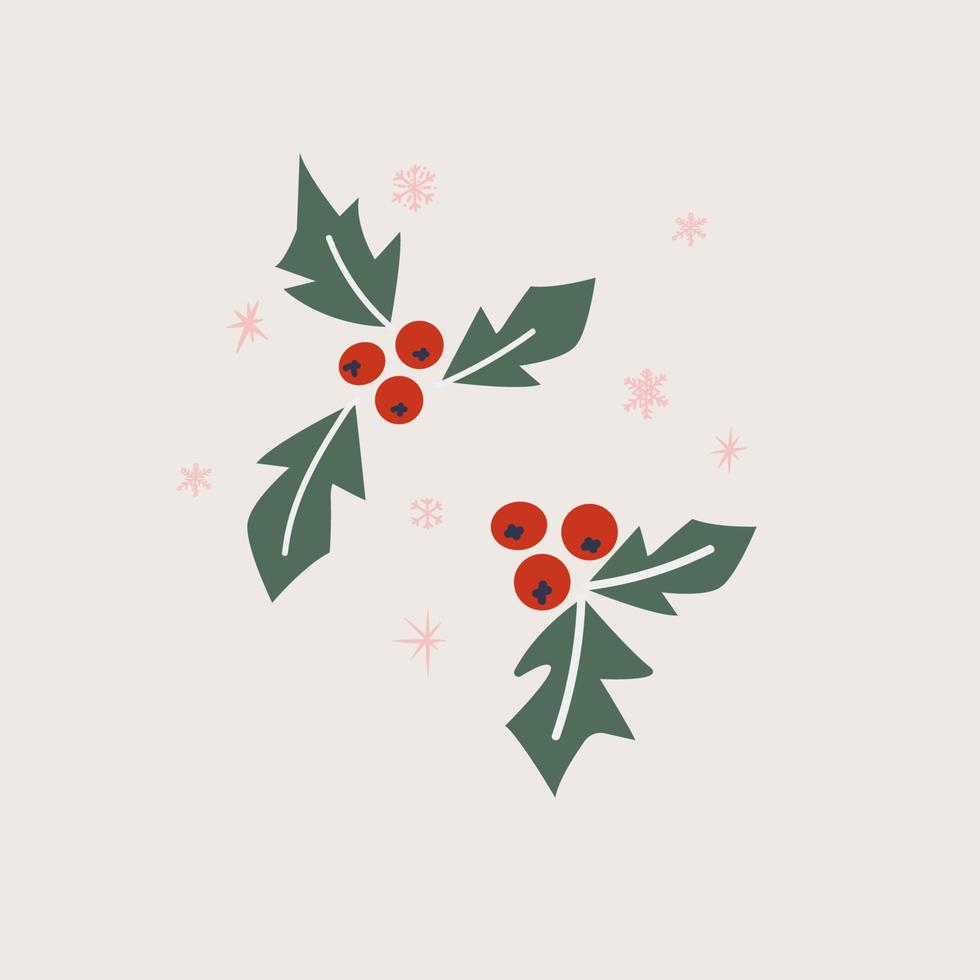 Set of vector Christmas elements - leaves, snowflakes, berry, branch, on beige background.