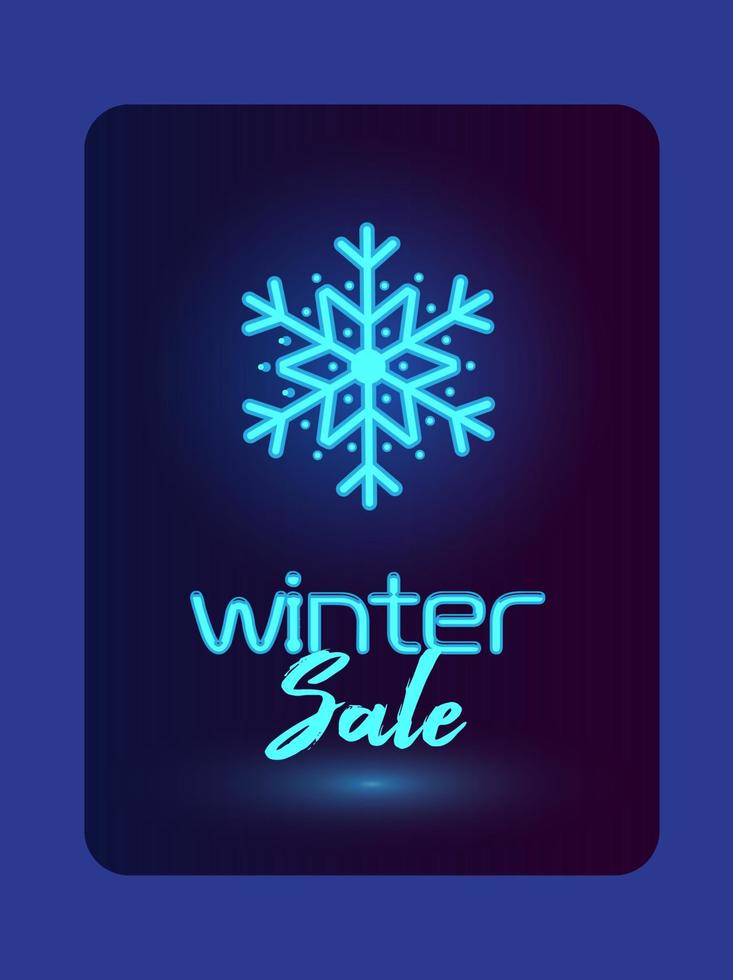 Winter sale vertical banner with neon blue snowflake on dark blue background. vector