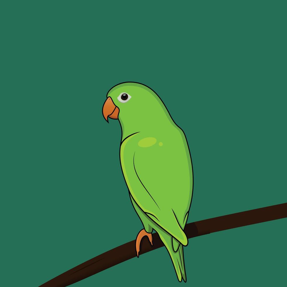 Cute green Parrot perch on branch, vector logo illustration. Tropical bird cartoon style.