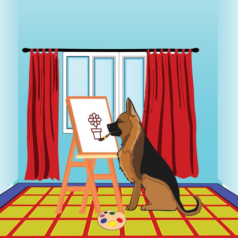 un perro sentado en el suelo pintando en un tablero de arte en la habitación. Ilustración de vector de perro de dibujos animados plana colorida.