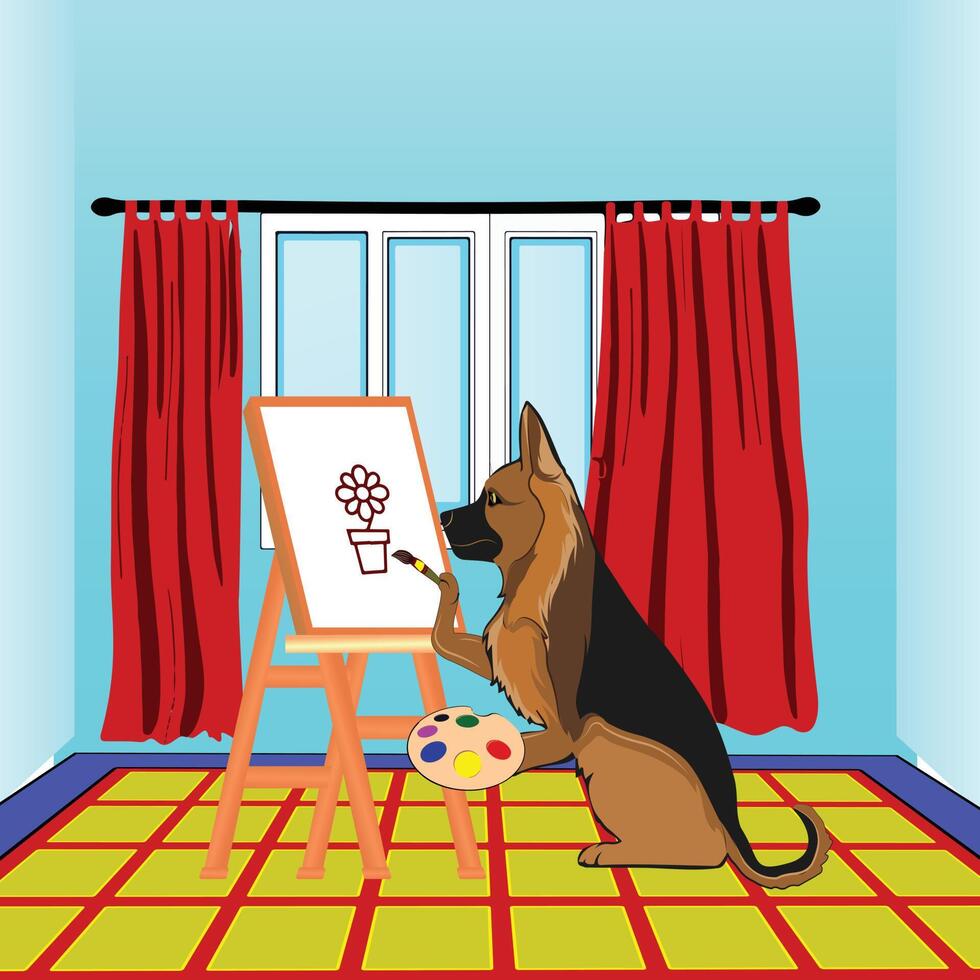 un perro sentado en el suelo pintando en un tablero de arte en la habitación. Ilustración de vector de perro de dibujos animados plana colorida.