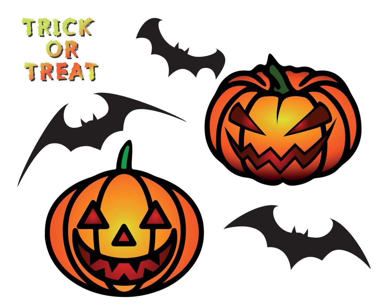 Vector Halloween set, pumpkin laughing scary face and flying black bats