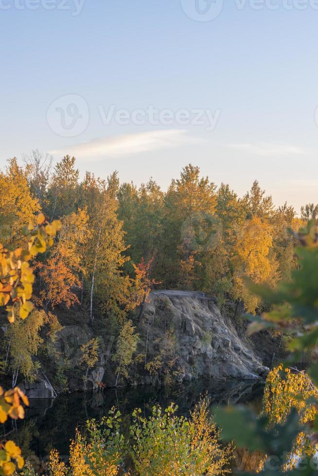 Panorama of Zhytomyr, a yellow autumn forest with a river. photo
