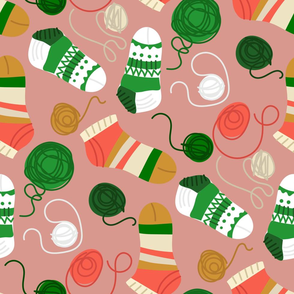 Background in knitted socks with tangles. Knitting warm socks with knitting needles. Suitable for printed products on paper and fabric. Hobby knitting for yourself and for sale. vector
