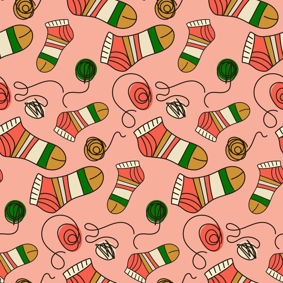 Background in knitted socks with tangles. Knitting warm socks with knitting needles. Suitable for printed products on paper and fabric. Hobby knitting for yourself and for sale. vector