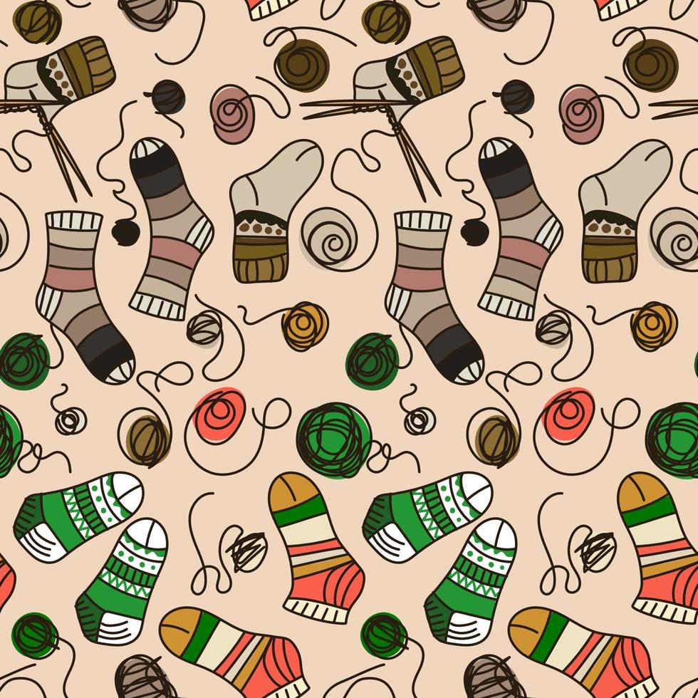 Background in knitted socks with tangles. Knitting warm socks with knitting needles. Suitable for printed products on paper and fabric. Hobby knitting for yourself and for sale. vector