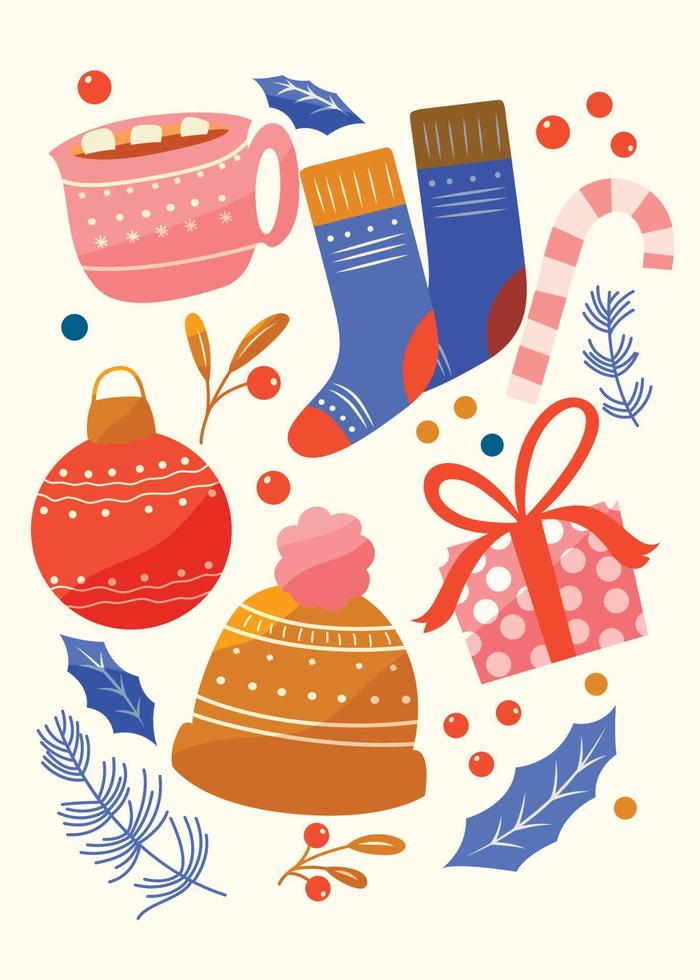 Collection of new year and christmas elements. Traditional winter holiday decoration, clothes, gifts. Colorful vector illustration