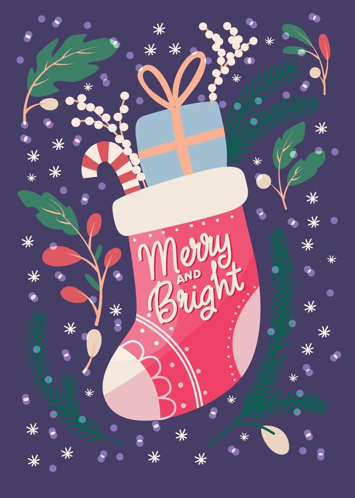 Merry Christmas and New Year hand lettering card on a gift sock with candy cane and stars. Colorful festive vector illustration