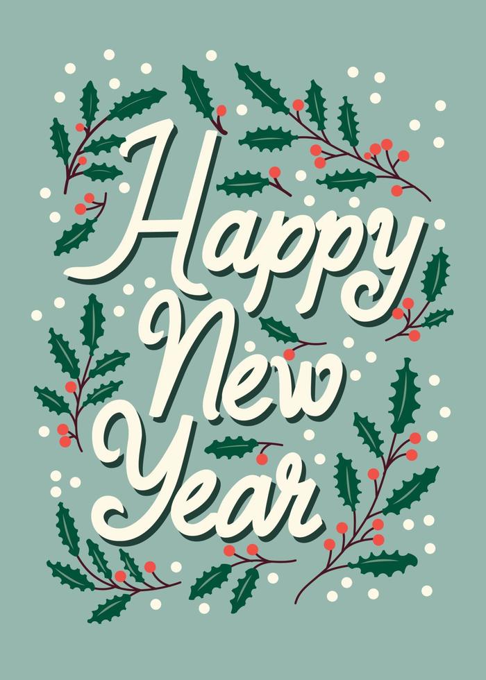 Happy New Year hand lettering vertical card with Christmas decoration and stars. Colorful festive vector illustration