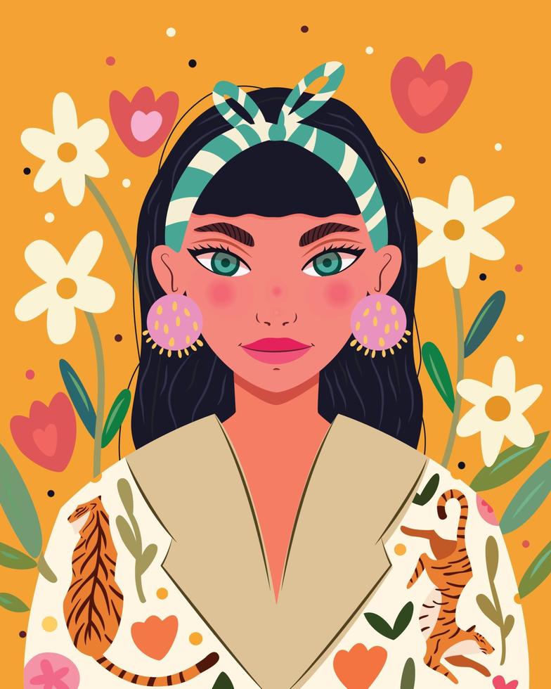 hermosa mujer sobre fondo amarillo vibrante con elementos florales y chaqueta de tigre. ilustración vectorial colorida dibujada a mano vector