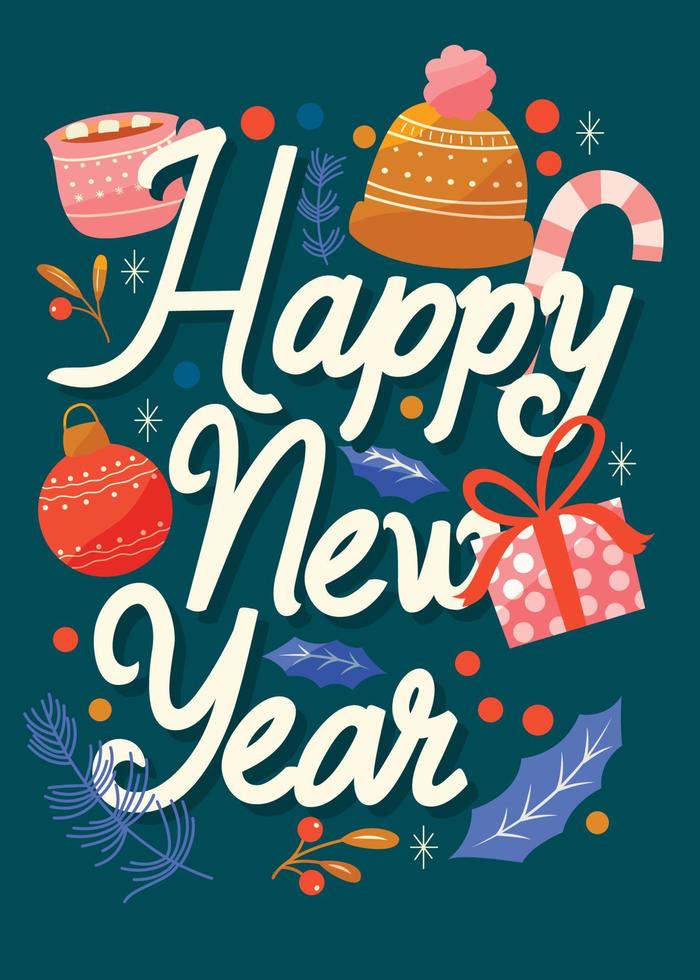 feliz año nuevo tarjeta vertical con letras a mano con decoración navideña y estrellas. Ilustración de vector festivo colorido