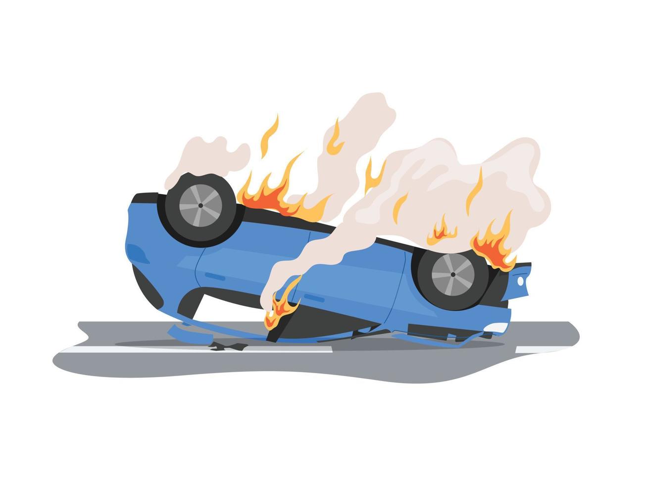 Traffic accident, car turned upside down in fire vector