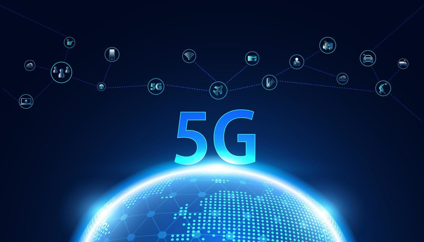 Abstract 5G holographic network wireless internet Wi-fi connection and internet of things on world background.Connected To 5G Network vector