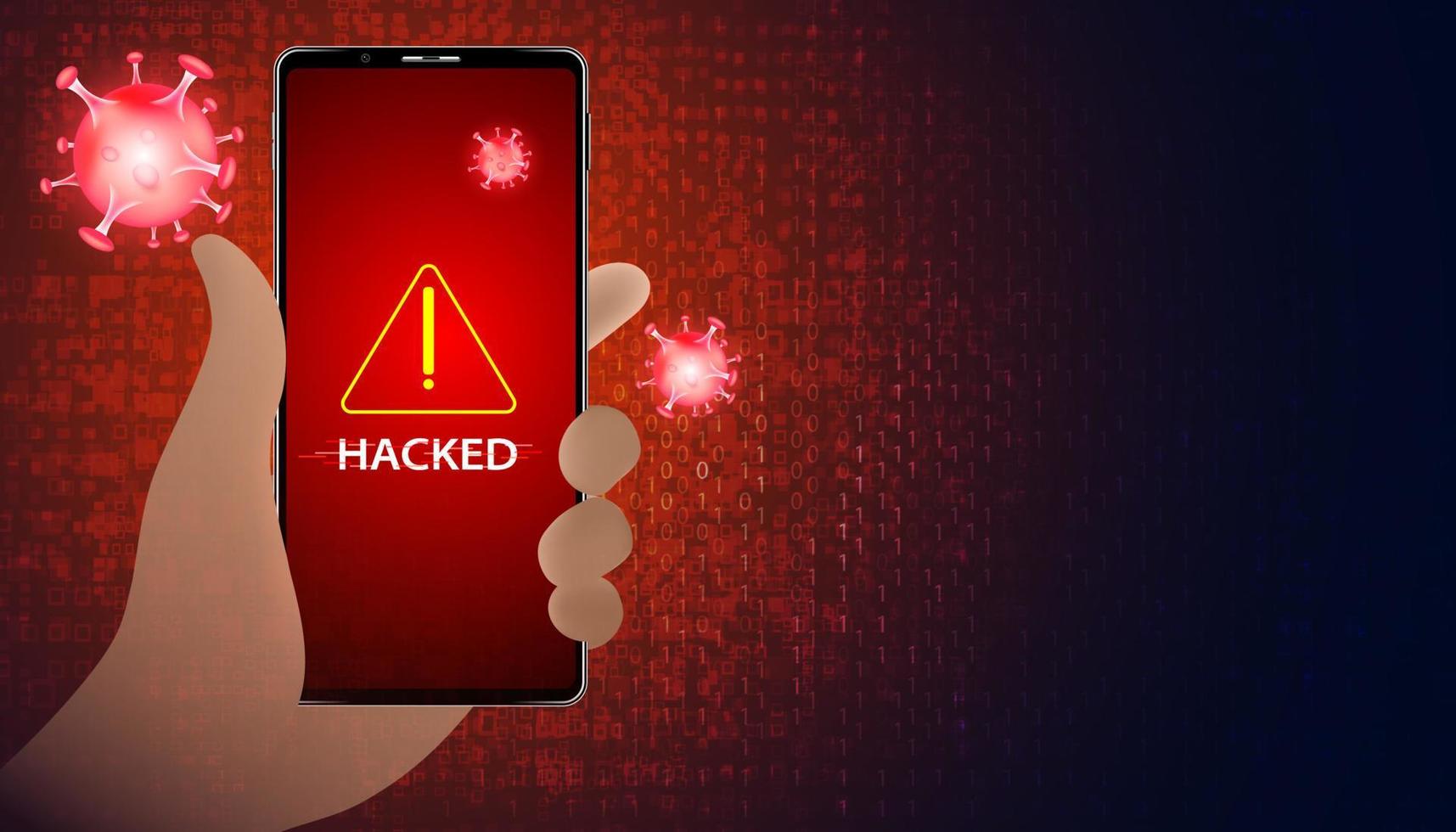 el móvil abstracto sostiene un teléfono con señal o advertencia de que ha sido pirateado por virus, malware o hacker en un fondo rojo digital. vector