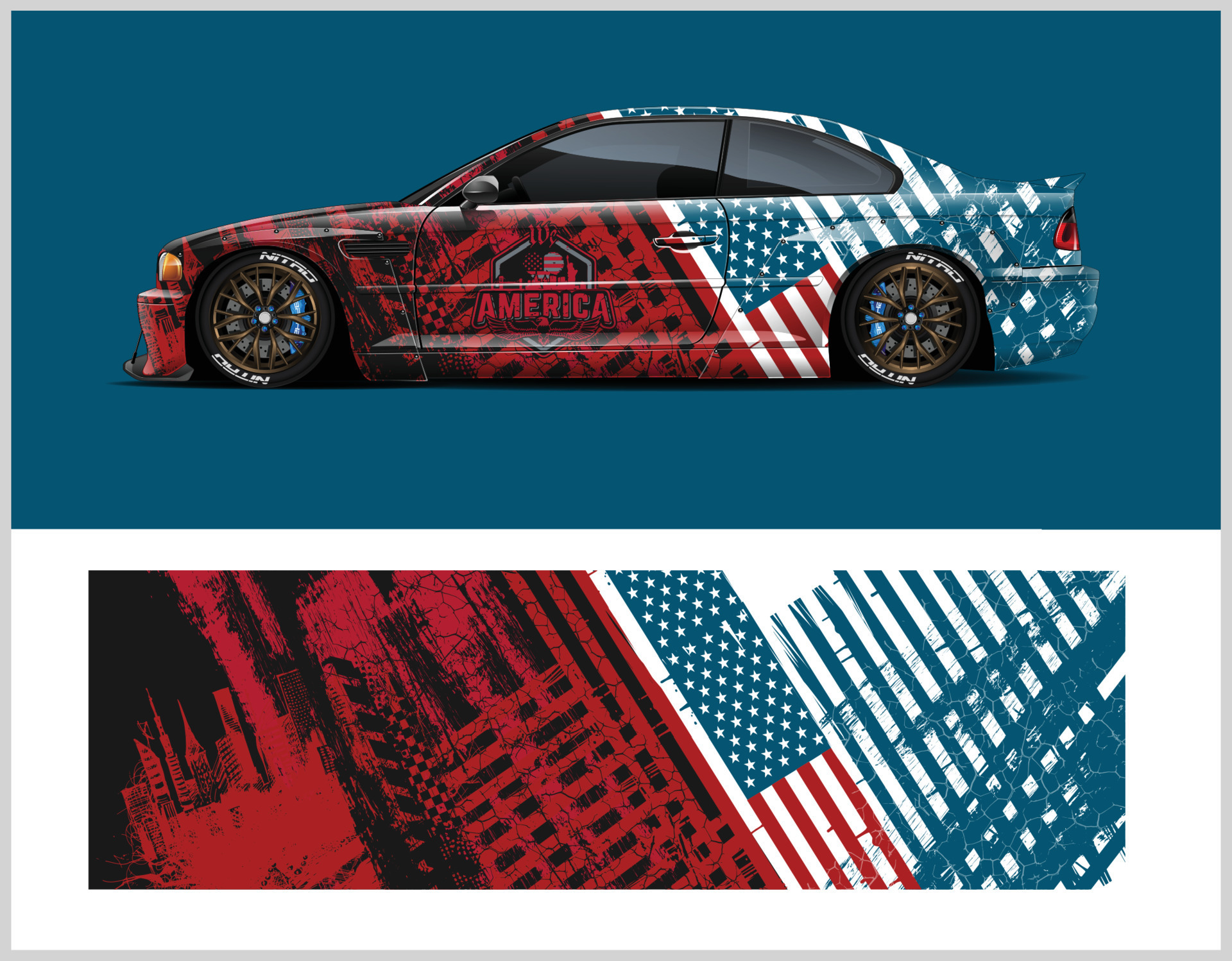 American Flag Car wrap decal graphic vector kit. Abstract stripe racing